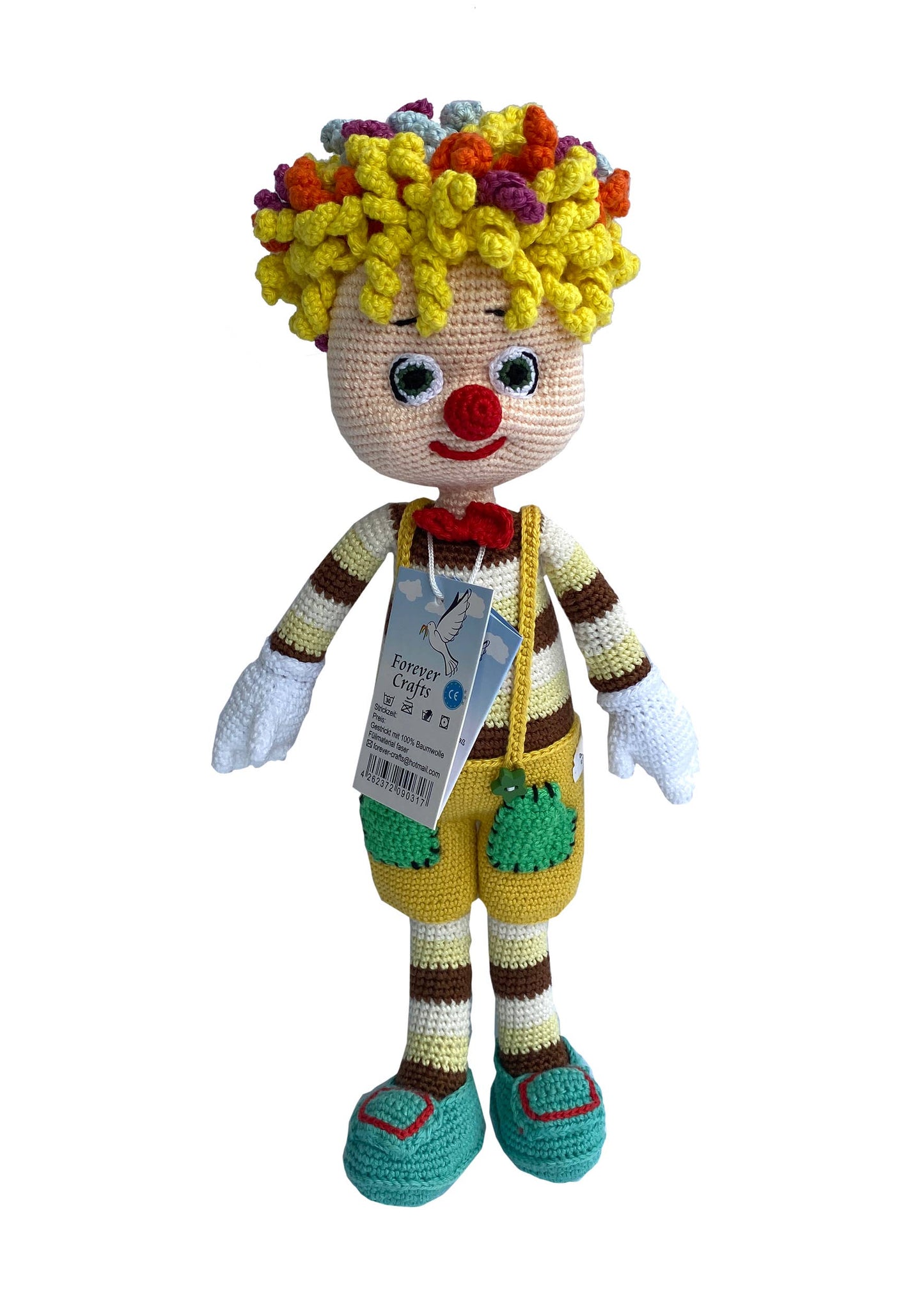 Handgefertigter Clown mit lockigem Haar aus 100% Baumwolle