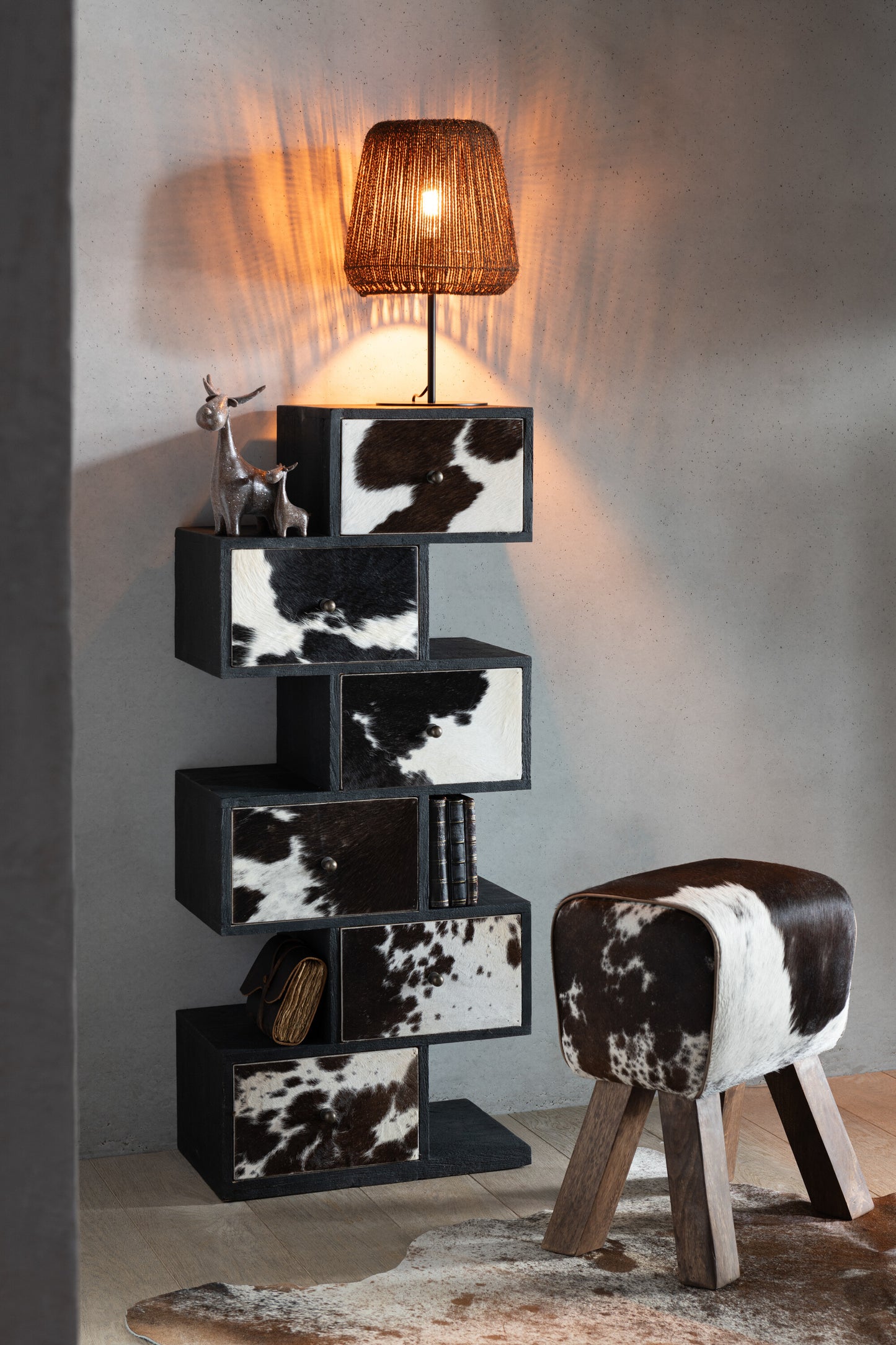 Drawer cabinet “Cow” – Unique design made of mango wood and fur