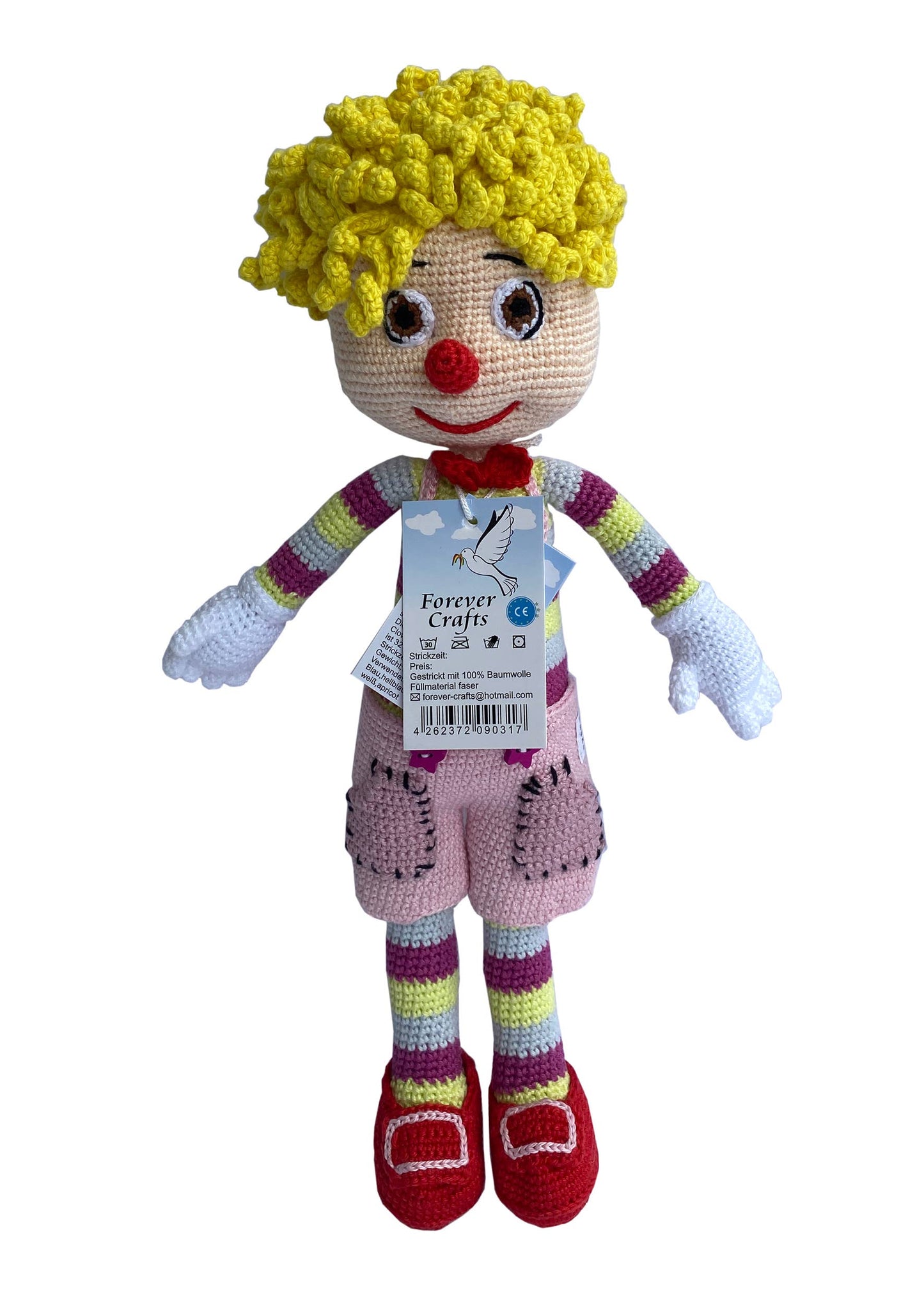 Handgefertigter Clown mit lockigem Haar aus 100% Baumwolle
