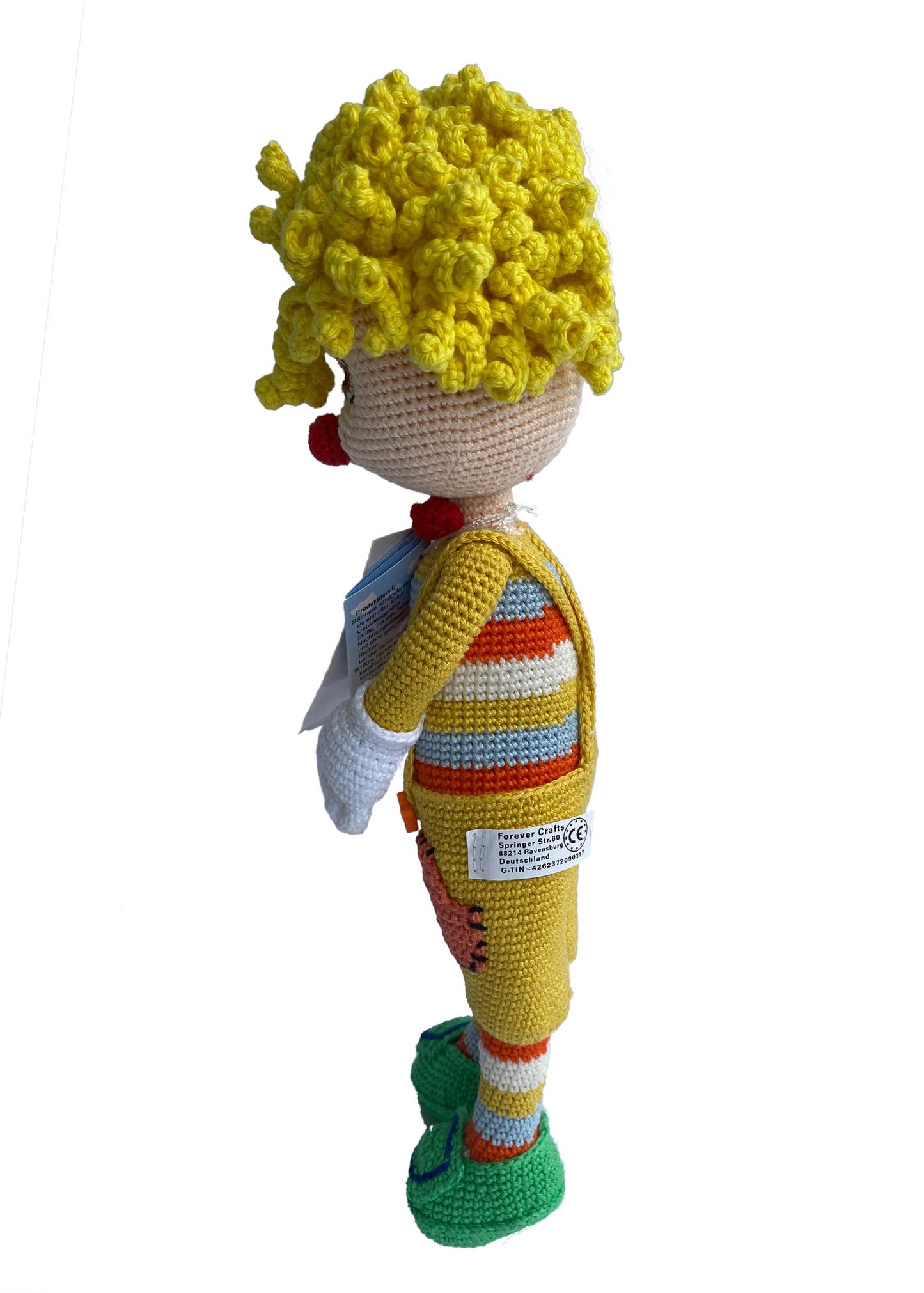 Handgefertigter Clown mit lockigem Haar aus 100% Baumwolle