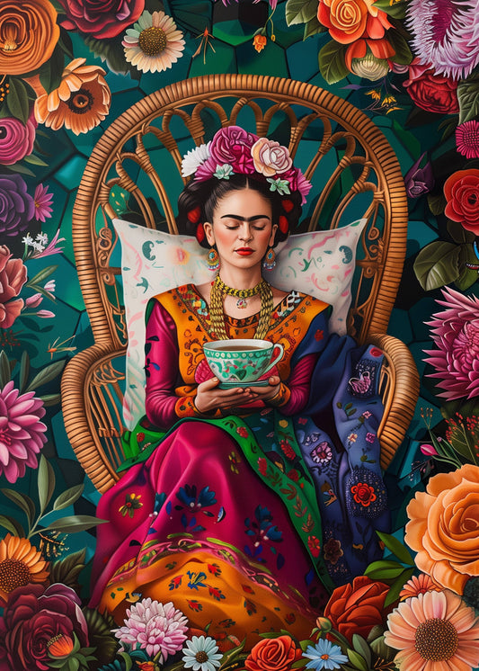 Frida Kahlo: Frida Kahlo with teacup | Fripperies - Stylish card in A6 format